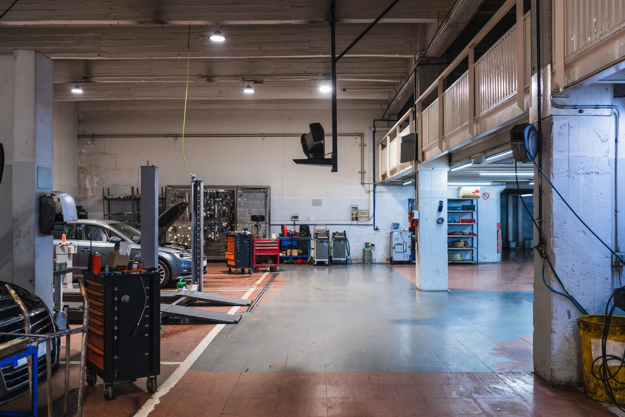 Automotive workshop prepared for brake testing and vehicle evaluation